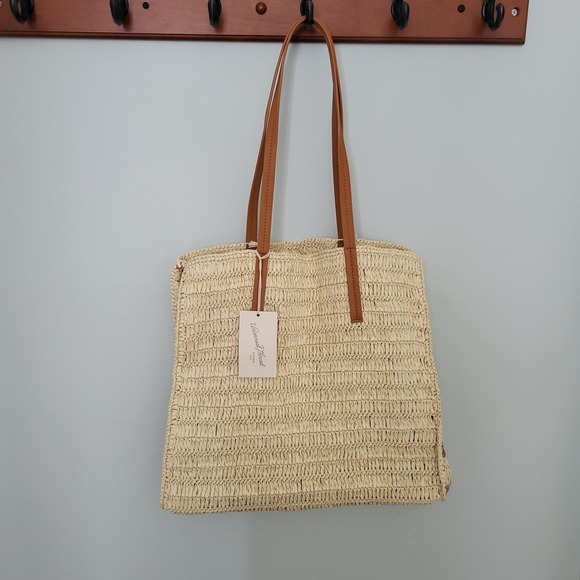 Universal Thread Handbags - Straw‎ Packable Checker Boxy Tote Handbag Universal Thread Beige Packable